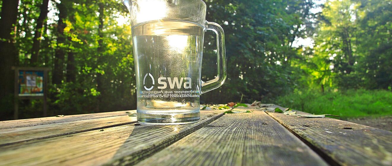 Gefüllter swa Wasserkrug steht im Wald auf einem Holztisch