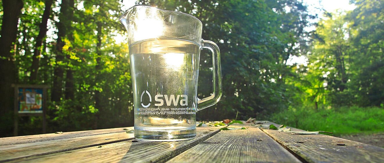 Gefüllter swa Wasserkrug steht im Wald auf einem Holztisch