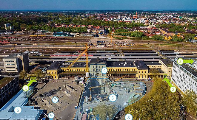 Augsburger Hauptbahnhof mit Zahlen auf Gebäuden dargestellt zur besseren Zuordnung.
