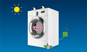 Waschmaschine mit Smiley Gesicht rechts daneben ist eine grüne Steckdose und links oben eine gelbe Sonne