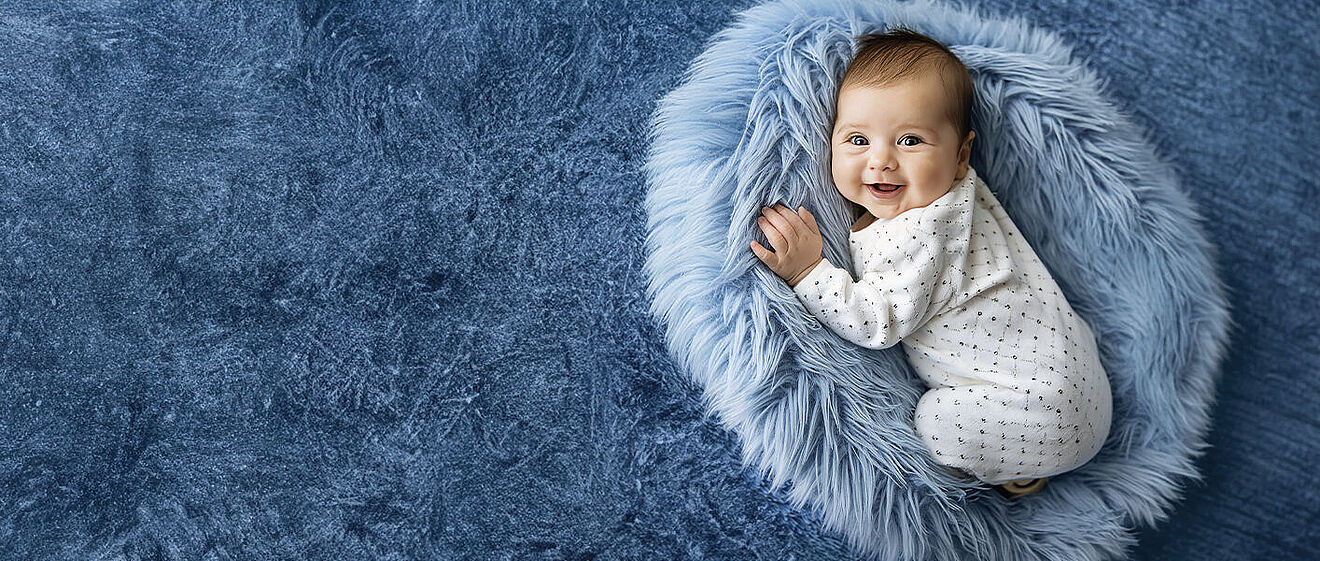 Ein lachendes Baby liegt auf einem grauen Wollkissen und schaut in die Kamera