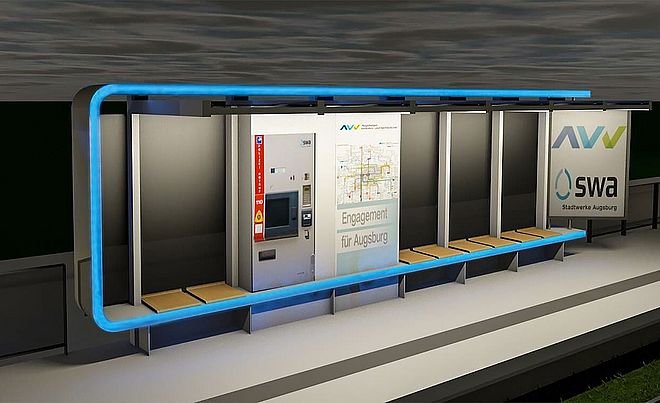 Computer-Modell einer geplanten swa Haltestelle. Ein Fahrkartenautomat, Sitzplätze, Beleuchtung, sowie das Branding der AVV und swa stehen im Vordergrund