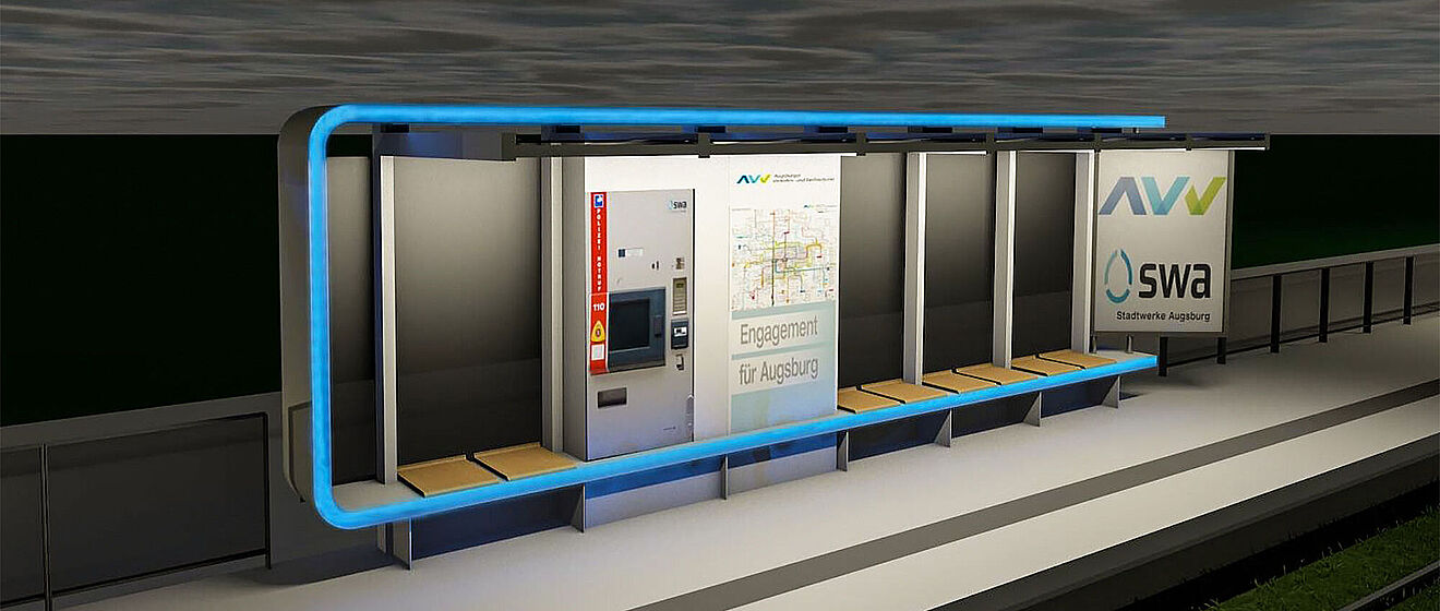 Computer-Modell einer geplanten swa Haltestelle. Ein Fahrkartenautomat, Sitzplätze, Beleuchtung, sowie das Branding der AVV und swa stehen im Vordergrund