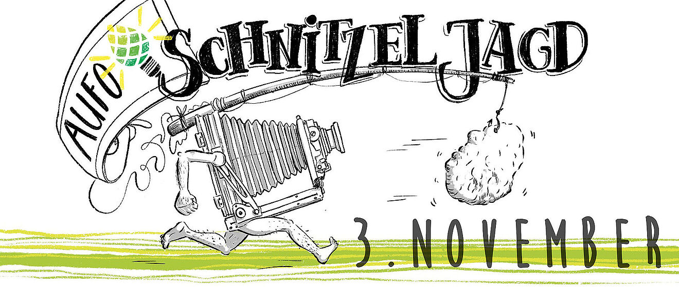 Comicdarstellung einer Kamera mit menschlichen Armen und Beinen, die ein an einer Angel befestigtes Schnitzel verfolgt. Darüber befindet sich die Aufschrift "AUFO-Schnitzeljagd".