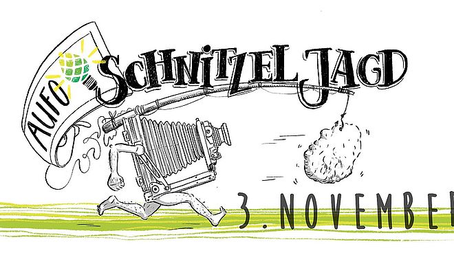 Comicdarstellung einer Kamera mit menschlichen Armen und Beinen, die ein an einer Angel befestigtes Schnitzel verfolgt. Darüber befindet sich die Aufschrift "AUFO-Schnitzeljagd".