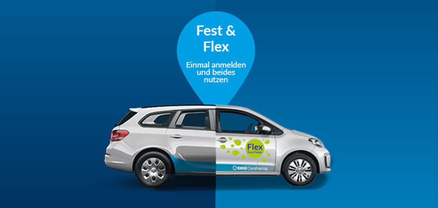 Carsharing Auto mit einem "Flex" Aufkleber. Darüber ist der Text "Fest & Flex - Einmal anmelden und beides nutzen"