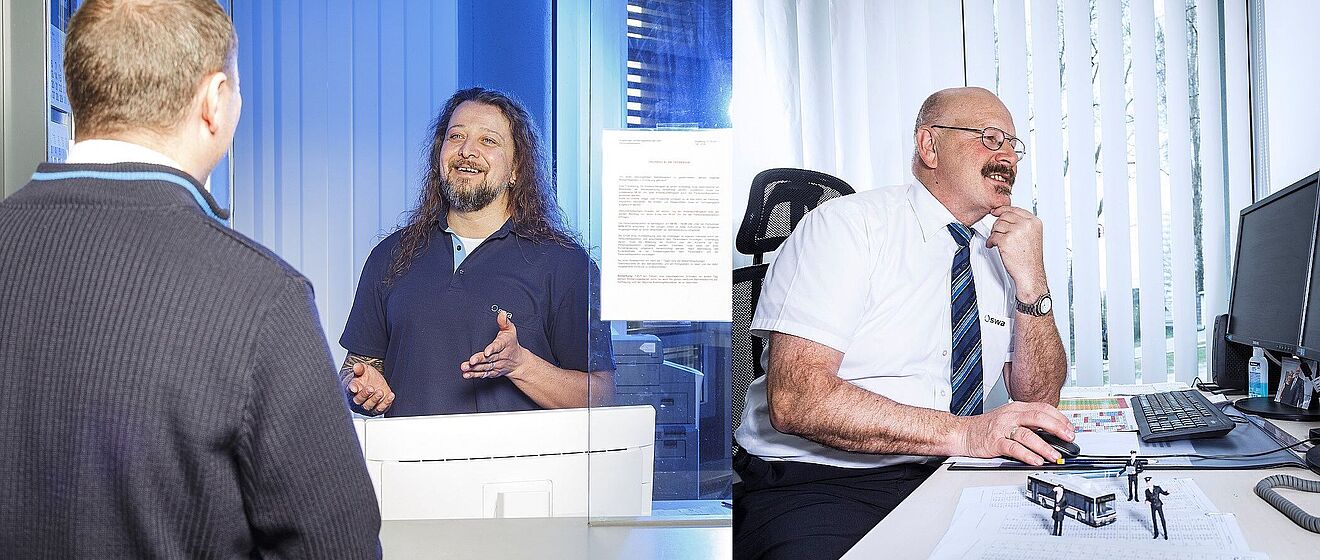 Johann Berglmeir sitzt an seinem arbeitsplatz und Michael Paffenholz unterhält sich mit einem swa Busfahrer.