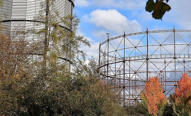 Bäume mit Herbstlaub vor dem Gaswerk. Weiterverlinkung auf Herbst am Gaswerk Newsartikel