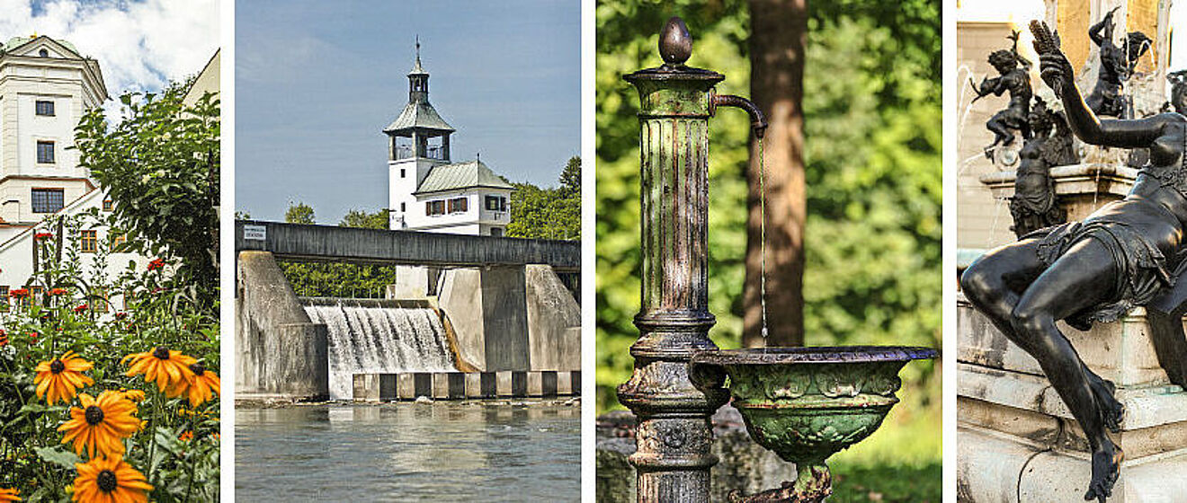 Bilder von vier verschiedenen Orte, die alle Teil des UNESCO-Welterbes "Augsburger Wassermanagement-System" sind. Schloss Blumenthal in Aichach, der Hochablass, der historische Trinkwasserbrunnen und der berühmte Augustusbrunnen am Rathausplatz.