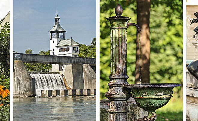 Bilder von vier verschiedenen Orte, die alle Teil des UNESCO-Welterbes "Augsburger Wassermanagement-System" sind. Schloss Blumenthal in Aichach, der Hochablass, der historische Trinkwasserbrunnen und der berühmte Augustusbrunnen am Rathausplatz.