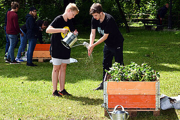 Zwei Jungs, die sich gegenseitig mit einer Gießkanne die Hände abwaschen. Vor ihnen ein Hochbeet mit Pflanzen, während im Hintergrund weitere Kinder und Hochbeete sind. - Beim anklicken wird das Bild vergrößert.