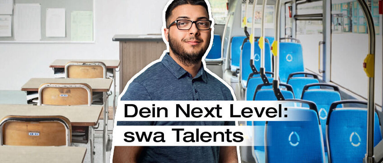 Mann mit Brille steht vor zwei Hintergründen. Links ein Klassenzimmer mit Tischen und Stühlen. Rechts das Innere eines Busses mit swa Branding auf den Sitzen.