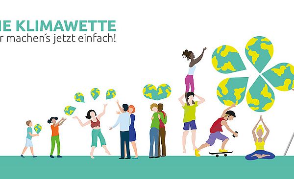 Klimawette-Grafik: Figuren interagieren mit Erdelementen. Text: 