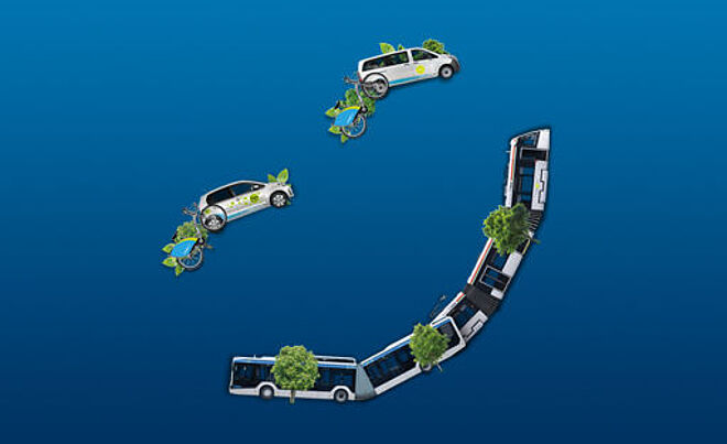 Zwei swabis, ein swaxi, ein Carsharing Auto, ein Stadtwerke Bus und eine Stadtwerke Tram dargestellt als lächelnder Smiley. Weiterverlinkung auf swa Mobilitätswende Seite