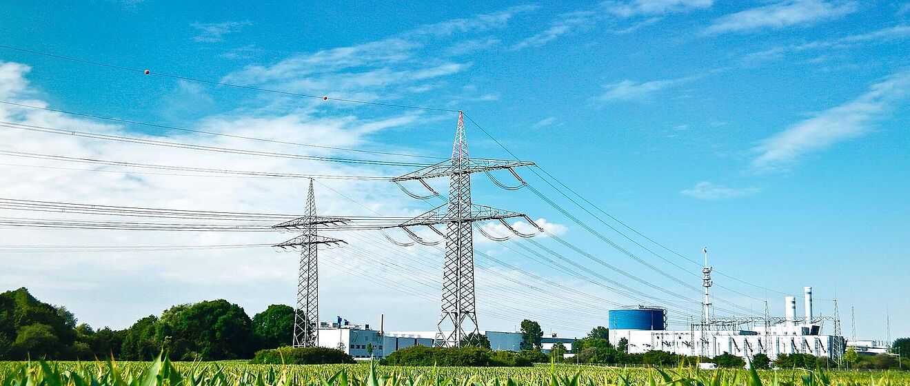 Strommäste auf einem Maisfeld und im Hintergrund das Stadtwerke Augsburg Biomasse-Heizkraftwerk.