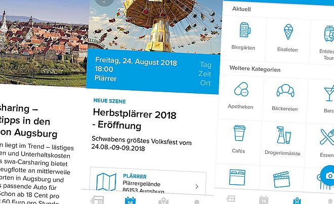 Ausschnitte von verschiedenen Reitern der swa City App aus den Bereichen "News", "Events" sowie weiteren Kategorien.