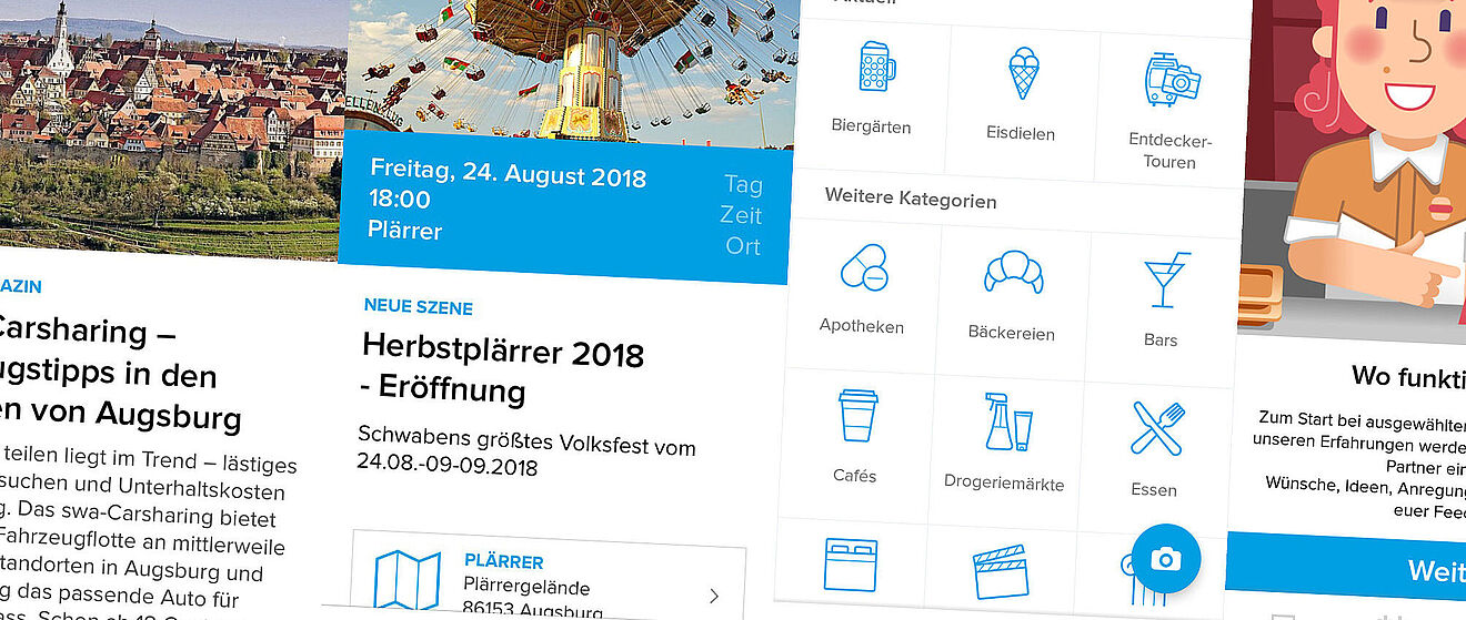 Ausschnitte von verschiedenen Reitern der swa City App aus den Bereichen "News", "Events" sowie weiteren Kategorien.