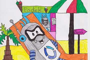 Kinderzeichnung von swa Maskottchen Oskar, welcher auf einer Strandliege vor einer Eisdiele liegt. Ein Klick führt zur Vergrößerung des Bildes.