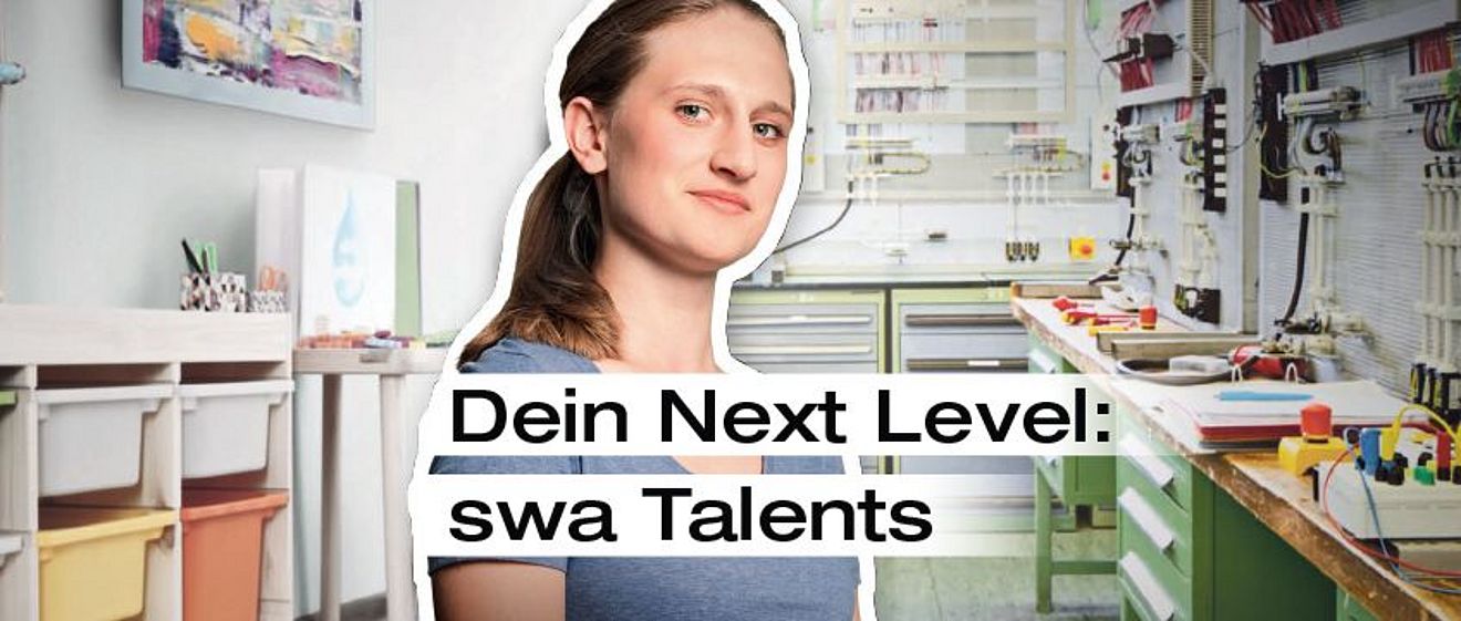 Frau mit zusammengebundenen Haaren steht in einem Raum. Im Hintergrund sind links Bastelmaterialien und rechts eine Werkbank. Weiterverlinkung auf das swa Stellenangebot "Elektroniker für Betriebstechnik (m/w/d)"