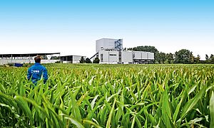Mann mit blauer swa Jacke steht in einem Feld und schaut zum Biomasse Heizkraftwerk im Hintergrund. Weitervlinkung auf swa Fernwärme Seite