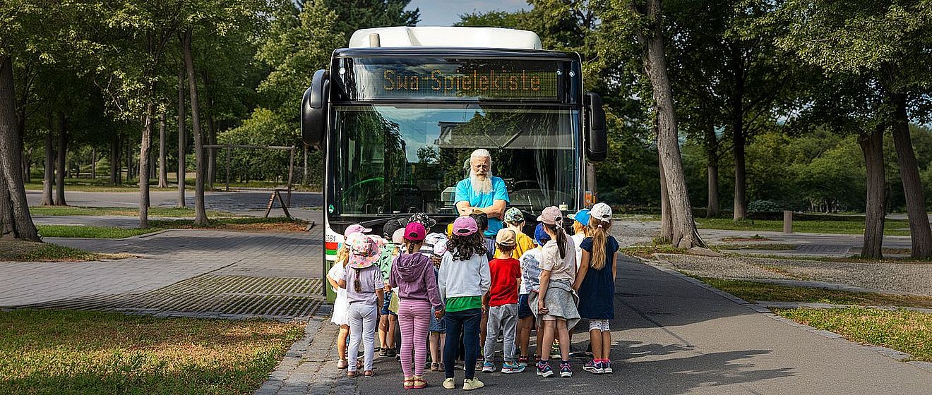 swa Mitarbeiter Andy Adam vor einem Linienbus der swa gemeinsam mit Kita-Kindern
