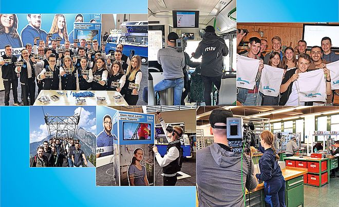 Eine Collage aus verschiedenen Fotos, die Menschen bei Berufsinformationsveranstaltungen und in technischen Arbeitsumgebungen, oft im Zusammenhang mit der Marke "Dein Next Level swa Talents", abbilden.