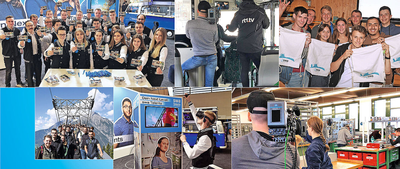 Eine Collage aus verschiedenen Fotos, die Menschen bei Berufsinformationsveranstaltungen und in technischen Arbeitsumgebungen, oft im Zusammenhang mit der Marke "Dein Next Level swa Talents", abbilden.