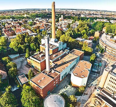 Drohnenaufnahme vom Heizkraftwerk Franziskanergasse