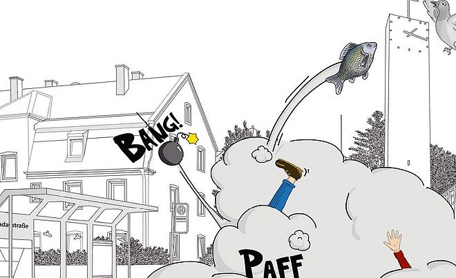 Im Vordergrund ist eine "Krawallwolke" in Comicdarstellung. Daraus ragen ein Fuß, ein Arm, eine Bombe, ein Fisch sowie ein Vogel. Im Hintergrund befinden sich eine Reihe an Gebäuden sowie die Haltestelle mit dem Namen "Radaustraße".