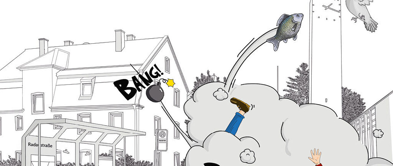 Im Vordergrund ist eine "Krawallwolke" in Comicdarstellung. Daraus ragen ein Fuß, ein Arm, eine Bombe, ein Fisch sowie ein Vogel. Im Hintergrund befinden sich eine Reihe an Gebäuden sowie die Haltestelle mit dem Namen "Radaustraße".