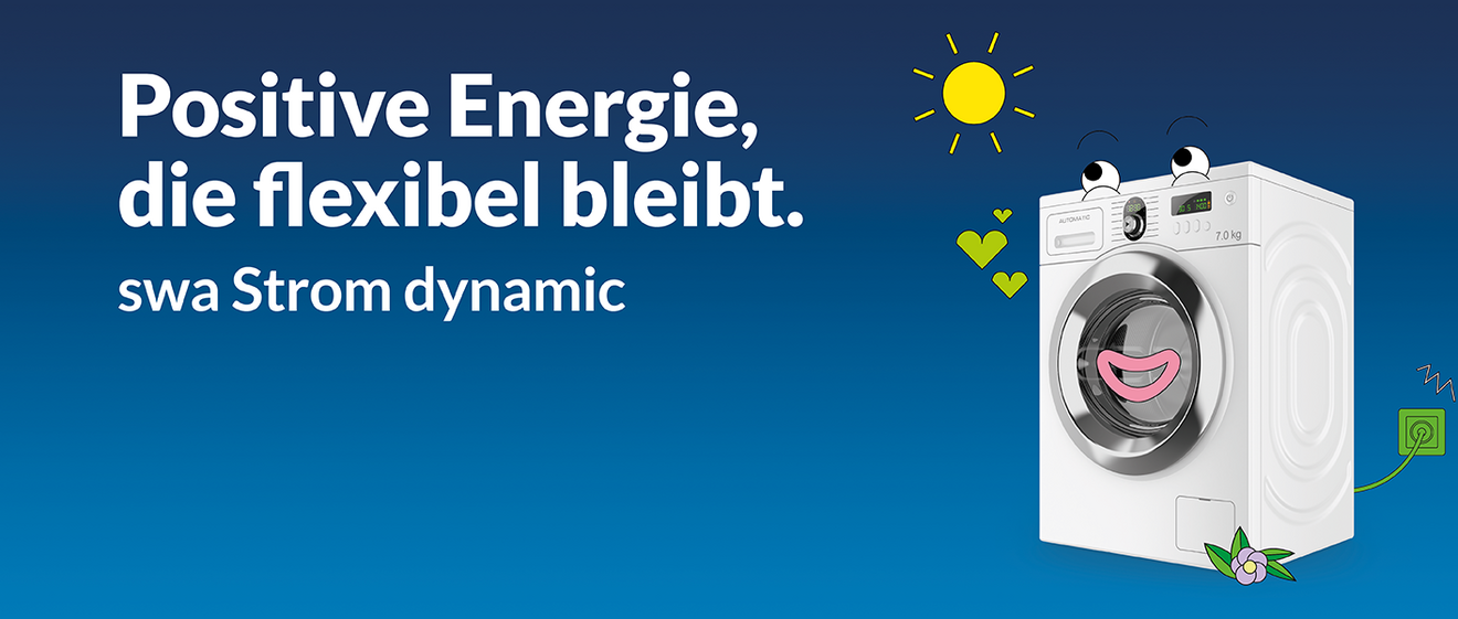 Waschmaschine mit Augen und einem lachenden Mund, die auf eine Sonne hinaufblickt. Währenddessen ist sie an einer Steckdose angesteckt. Mit dem Text "Positive Energie, die flexibel bleibt swa Strom dynaimic"