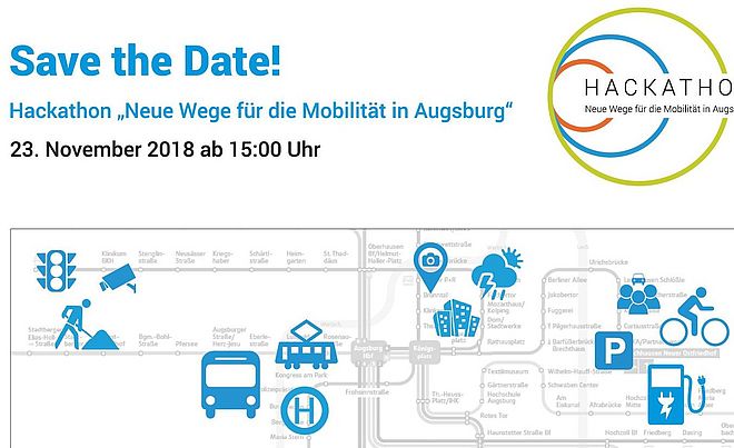 Abbildung eines grauen Liniennetzes der swa mit blauen Piktogrammen zum Thema Mobilität.