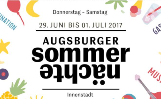 Der Text "Donnerstag-Samstag 29.Juni bis 1.Juli 2017 Augsburger Sommernächte Innenstadt" mit vielen Grafischen Elementen umgeben.
