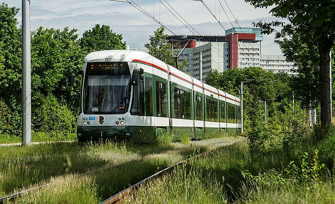 swa Straßenbahn der Linie 2 fährt auf einer abgetrennten Bahntrasse