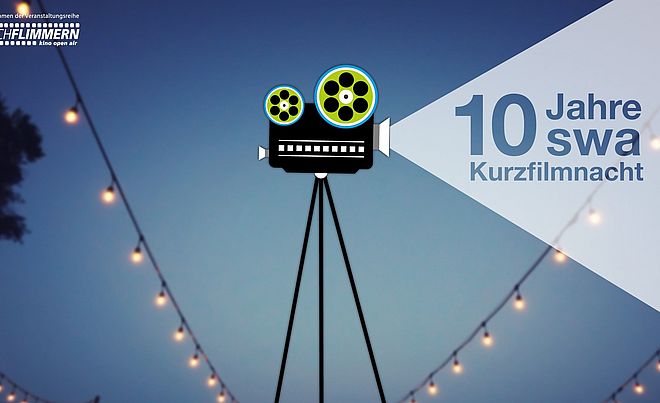 Eine Grafik einer Film-Kamera. Im Licht der Kamera steht "10 Jahre swa Kurzfilmnacht".