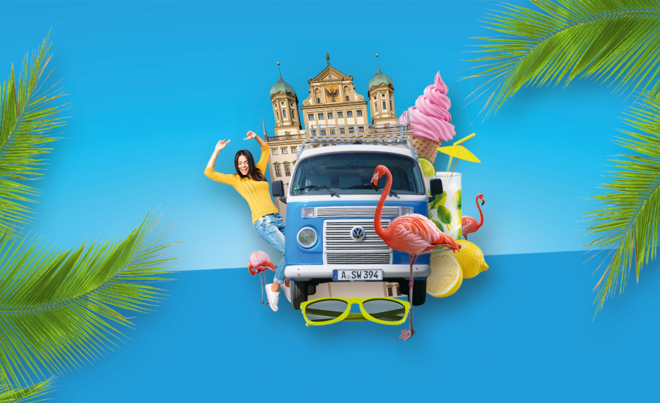 Swa Bulli auf blauem Hintergrund mit Palmen. 