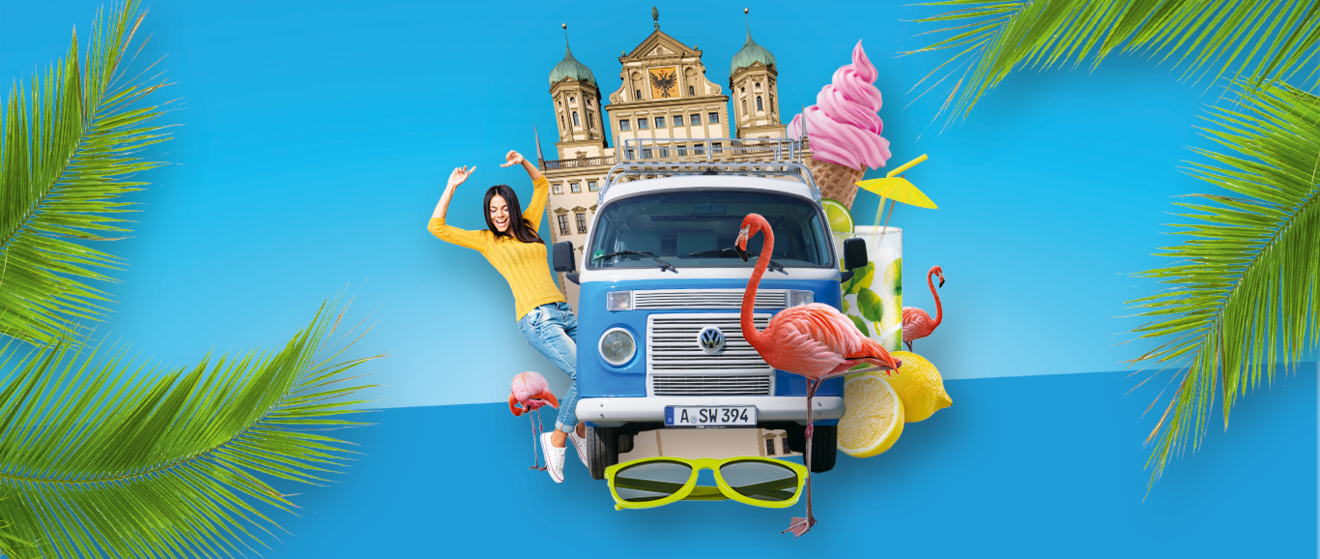 Swa Bulli auf blauem Hintergrund mit Palmen.