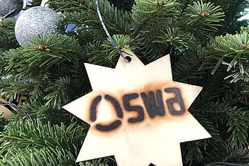 swa-Holzstern hängt an einem Tannenbaum. - Ein Klick auf das Bild führt zur vergrößerten Fotoansicht.
