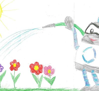 Kinderzeichnung von swa Maskottchen Oskar welcher Blumen gießt.