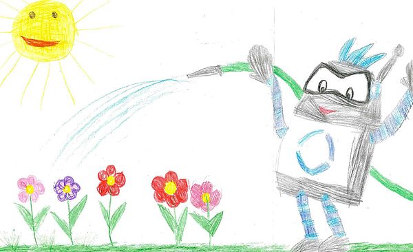 Kinderzeichnung von swa Maskottchen Oskar welcher Blumen gießt.