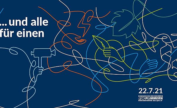 Abstrakte Linien auf einem Dunkelblauen Hintergrund. Die Linien bilden Formen wie Hände, Kameras, Blätter, Pfeile oder Blitze und sind in den Farben hellblau, orange, gelb, hell- und dunkelgrün. Oben links ist die Aufschrift 