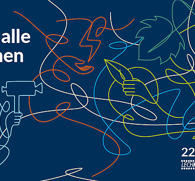 Abstrakte Linien auf einem Dunkelblauen Hintergrund. Die Linie bilden Formen wie Hände, Kameras, Blätter, Pfeile, Blitze und sind in den Farben hellblau, orange, geld, hell- und dunkelgrün. oben links ist die Aufschrift "...und alle für einen".