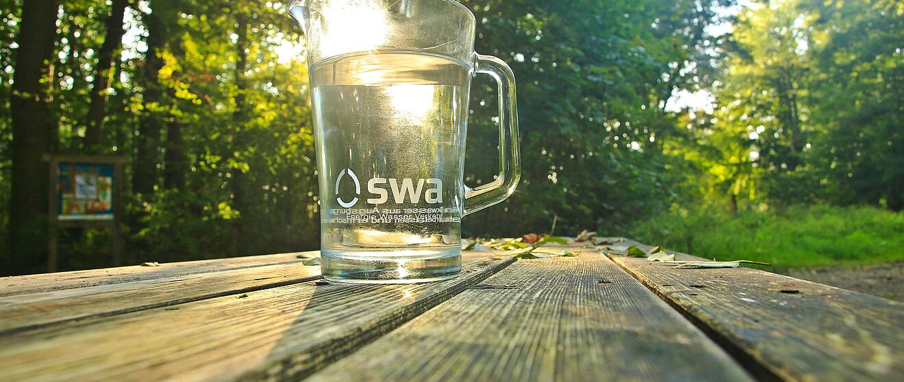 swa Wasserkaraffe aus Glas auf einem Tisch im Siebentischwald
