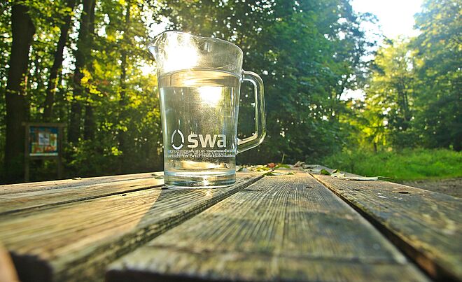 swa Wasserkaraffe aus Glas auf einem Tisch im Siebentischwald