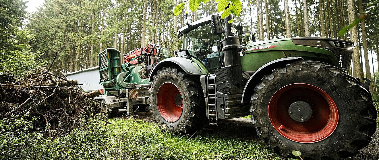 Fahrzeug mit Holzhacker steht in einem Wald neben einem Haufen gefällter Bäume.