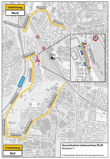 Kartenausschnitt Lückenschluss zeigt Umleitungen für die Rosenaustraße