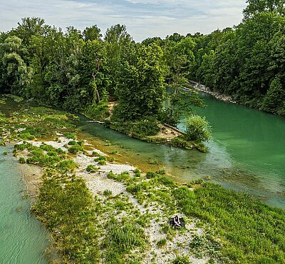 Blick auf den grün-blauen Lech in Augsburg, umgeben von Bäumen und Gräsern.