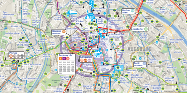 Vorschaubild des swa Mobilitätsplan, Stadtplan von Augsburg mit verschiedenen Bus und Tram Liniennetzen