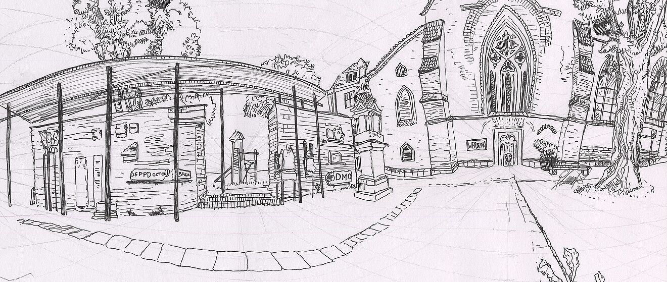 Im Vordergrund auf einer gepflasterten Fläche liegt ein kunstvoll gestaltetes Doodle einer Pflanze mit Blüten und Bändern. Dahinter stehen links und rechts zwei Gebäude in einer detaillierten Strichzeichnung, die an einen Innenhof oder Platz erinnern.