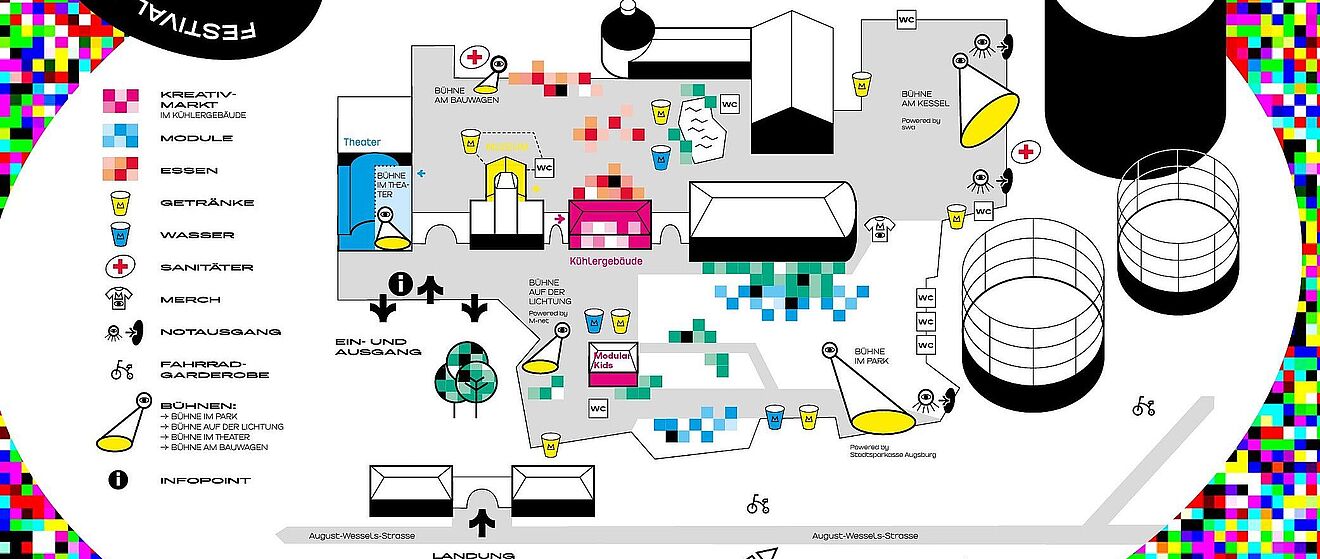 Der offizielle Lageplan für das Modular Festival, welches vom 20. bis 22. Juni 2019 im Gaswerk Augsburg stattfand.